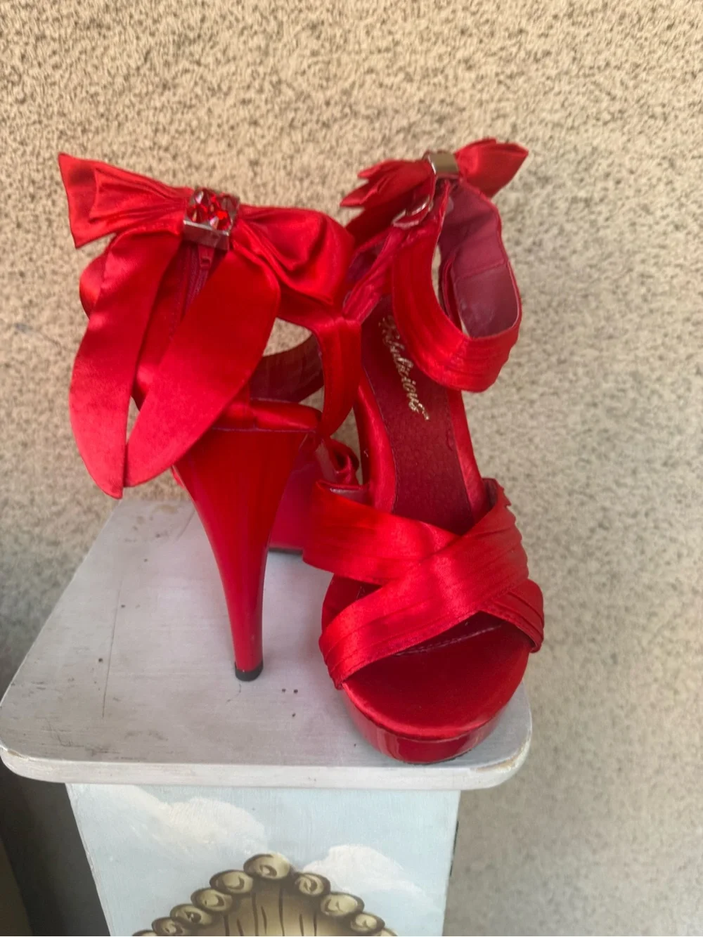 Fabulicious Cocktail Red Satin Crisscross Ankle Strap Platform